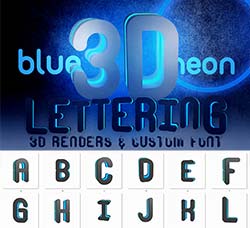 极品3D立体英文字体(蓝色霓虹灯效果2)：Blue Neon 2 - 3D Lettering + Font